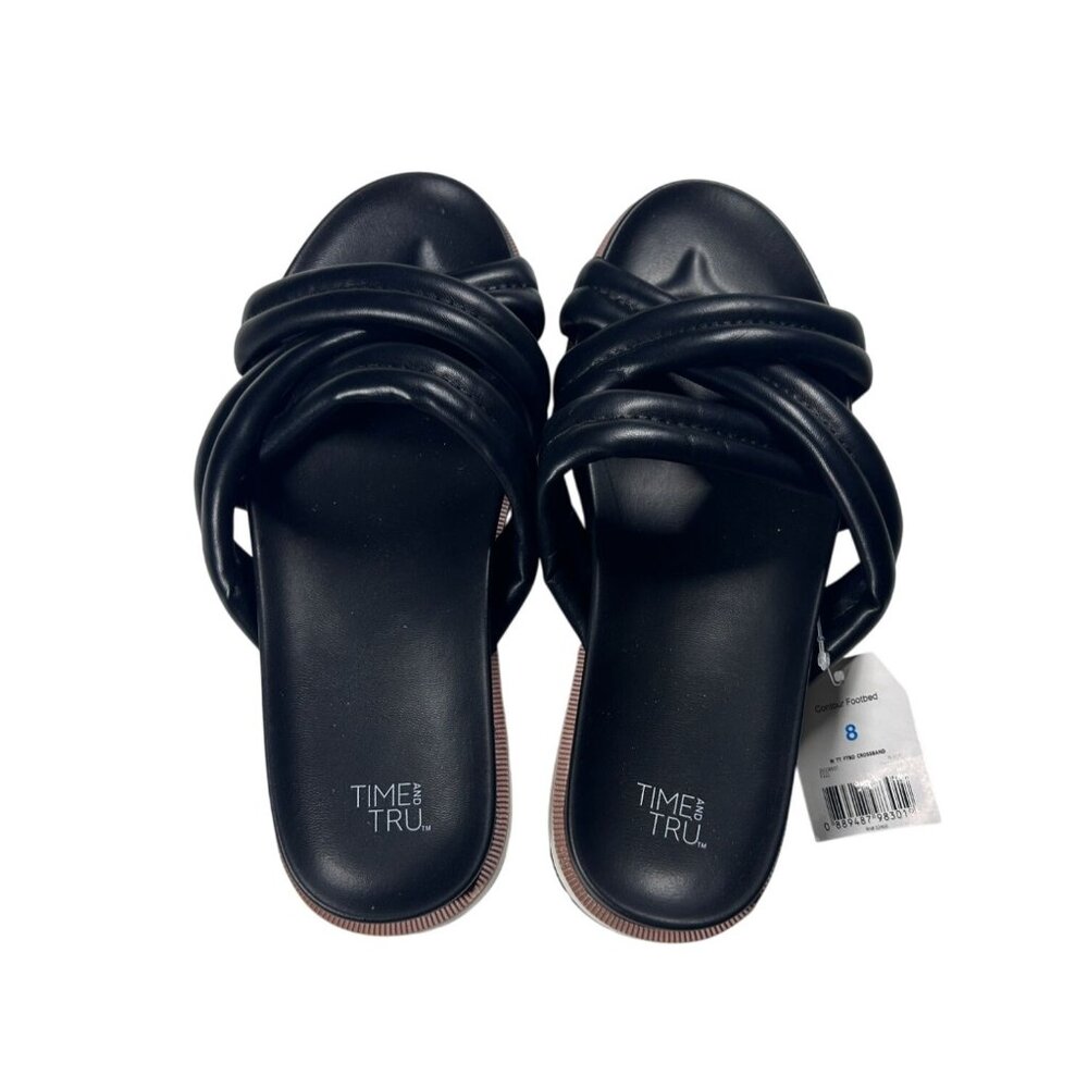 Time & Tru Sandals Womens Size 8 Black Slip-On Double Cross‎ Strap NEW